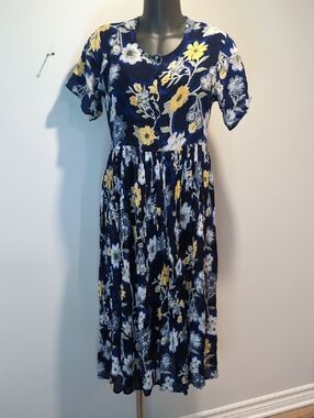 Vintage Cottagecore Floral Navy Blue Prairie Midi Dress